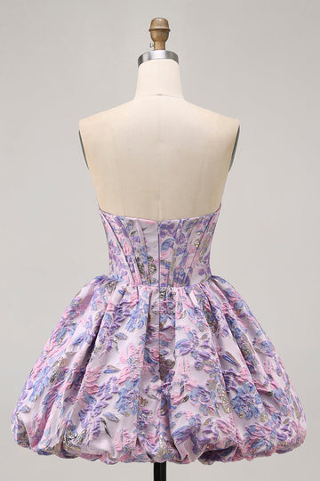 Purple Strapless Brocade A-Line Corset Mini Party Dress with Bubble-Hem